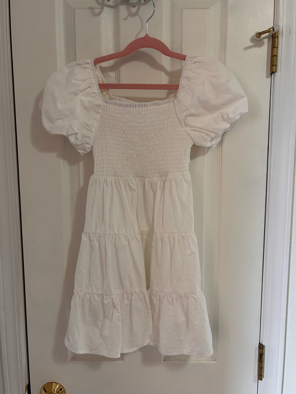 Girls White Puff-Sleeve Smocked Dress